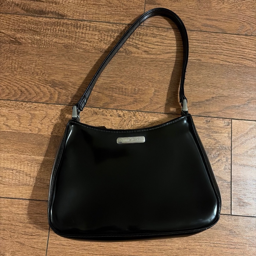 Nine West Vintage Y2K Black Patent Baguette Shoulder Bag Silver Hardware